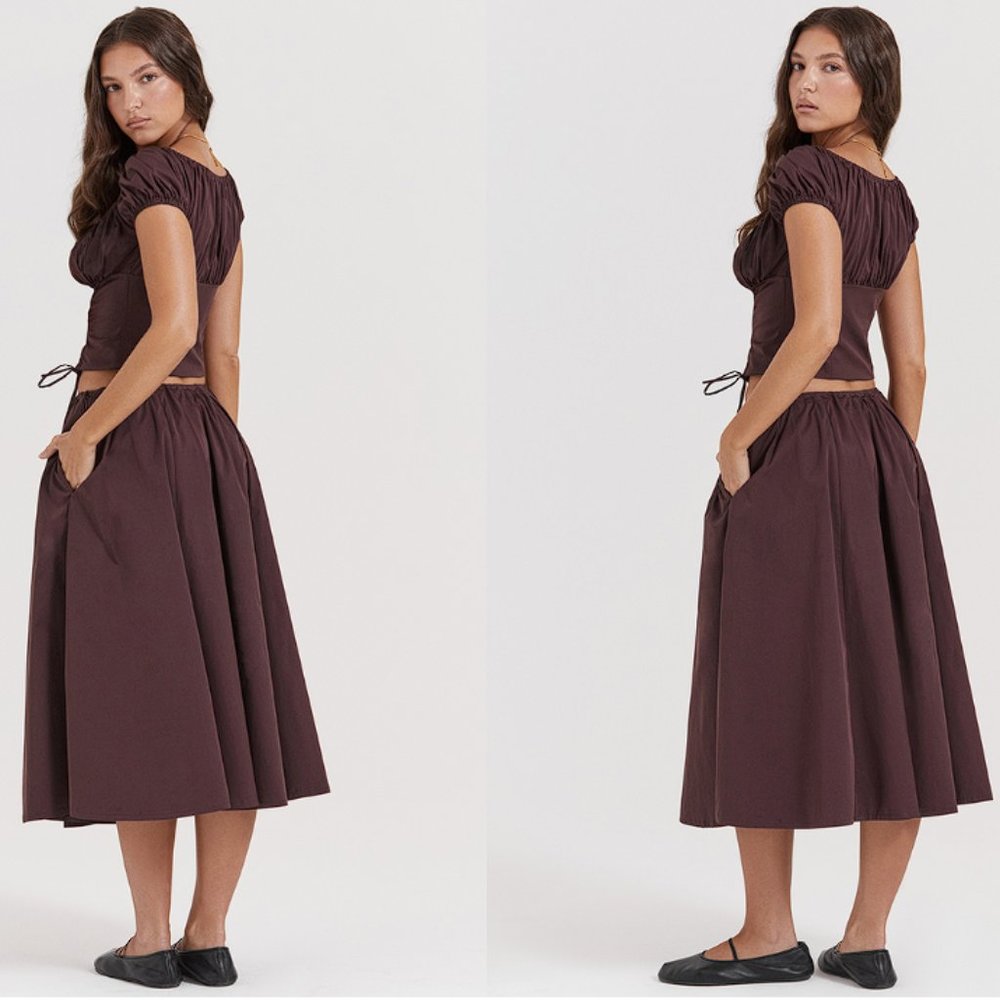 HOUSE OF CB 'Kitty' & ‘Cora’ Rich Brown Gathered Midi Skirt Set NWOT - Picture 7 of 12